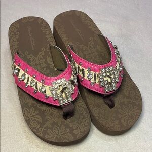 Rustic Coutures Pink and Brown Cross Embellished Women's Sandals